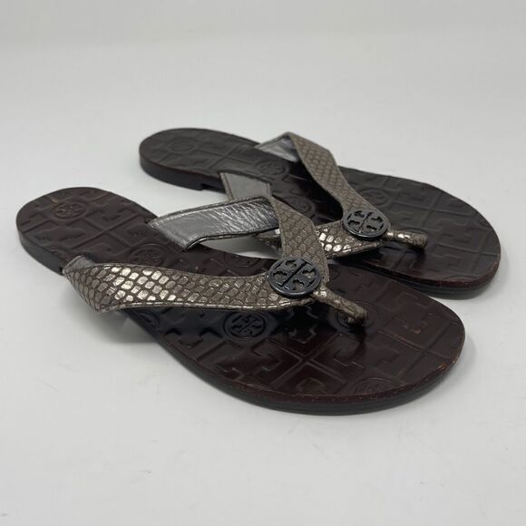 TORY BURCH Sandals Thora Silver Leather Snakeskin Flip Flop Women’s Size 4 Flat - Picture 1 of 8